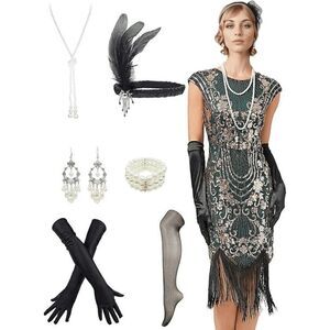💚✨ 7PCS 1920s Great Gatsby Flapper Green Sequin Dress & Accessories Set 3XL NEW